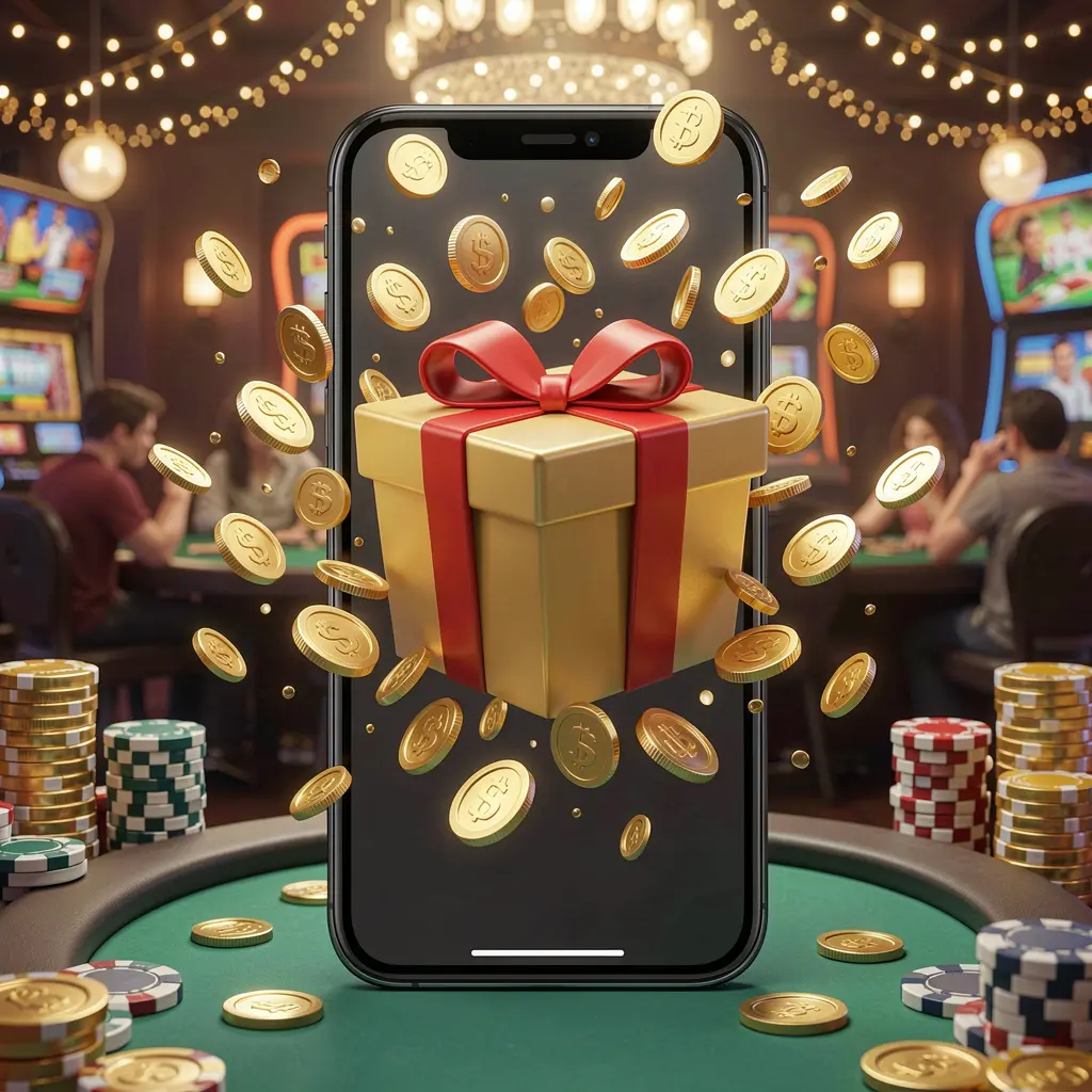 GL6666 mobile casino bonus app concept showing a phone screen with a gift box and coins bursting out in a festive casino atmosphere