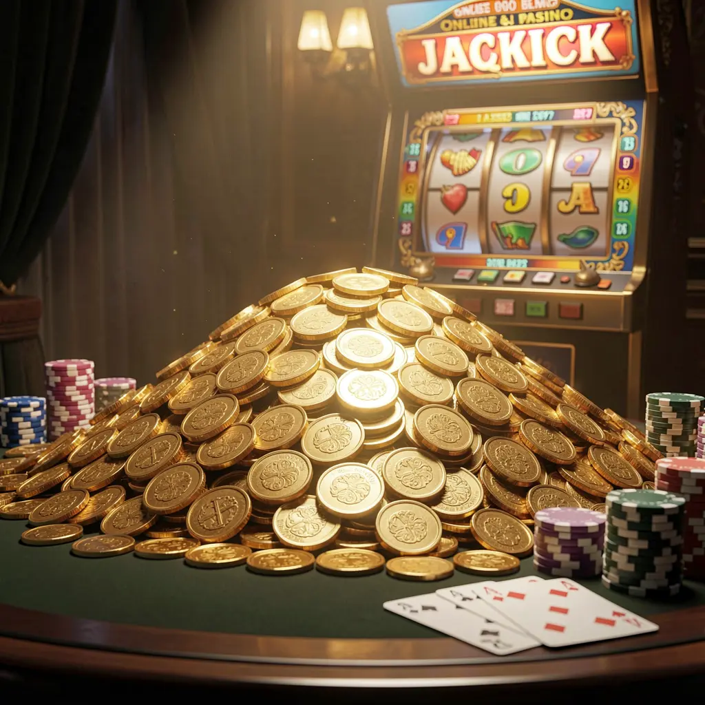 GL6666 online casino jackpot bonus scene featuring a massive pile of golden coins, a slot machine in the background with glowing jackpot lights, poker chips and playing cards on a luxury table under dramatic cinematic lighting