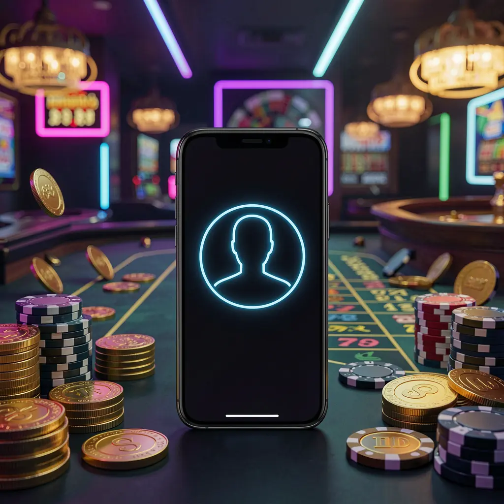 GL6666 online casino login hero image featuring a modern phone with glowing profile icon, roulette lights in the background, golden coins and poker chips in a premium dark neon atmosphere