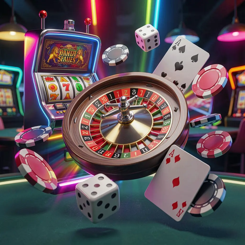 GL6666 casino games collection homepage visual featuring a slot machine, roulette wheel, dice, playing cards, and poker chips floating together with colorful neon lights in a premium 3D render